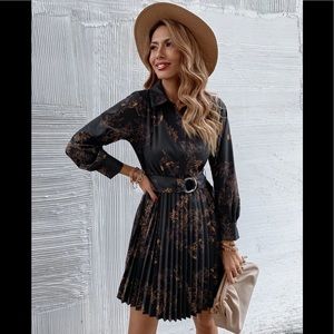 Long Sleeved, Pleated Plant/Fish Print Dress